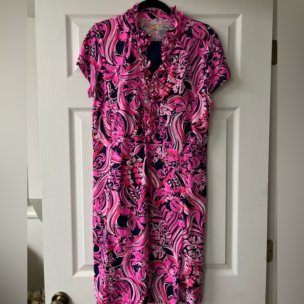 Lilly Pulitzer Pink and Navy Swirl Print Ruffle-Trim Dress